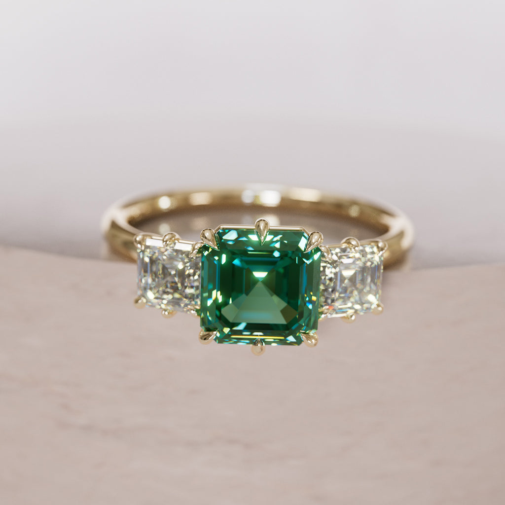 Unique Green Sapphire and Diamond Engagement Ring, Asscher Cut Three Stone By Valley Rose