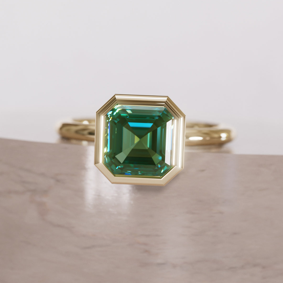 Unique Green Sapphire Engagement Ring, Asscher Cut Bezel Set By Valley Rose
