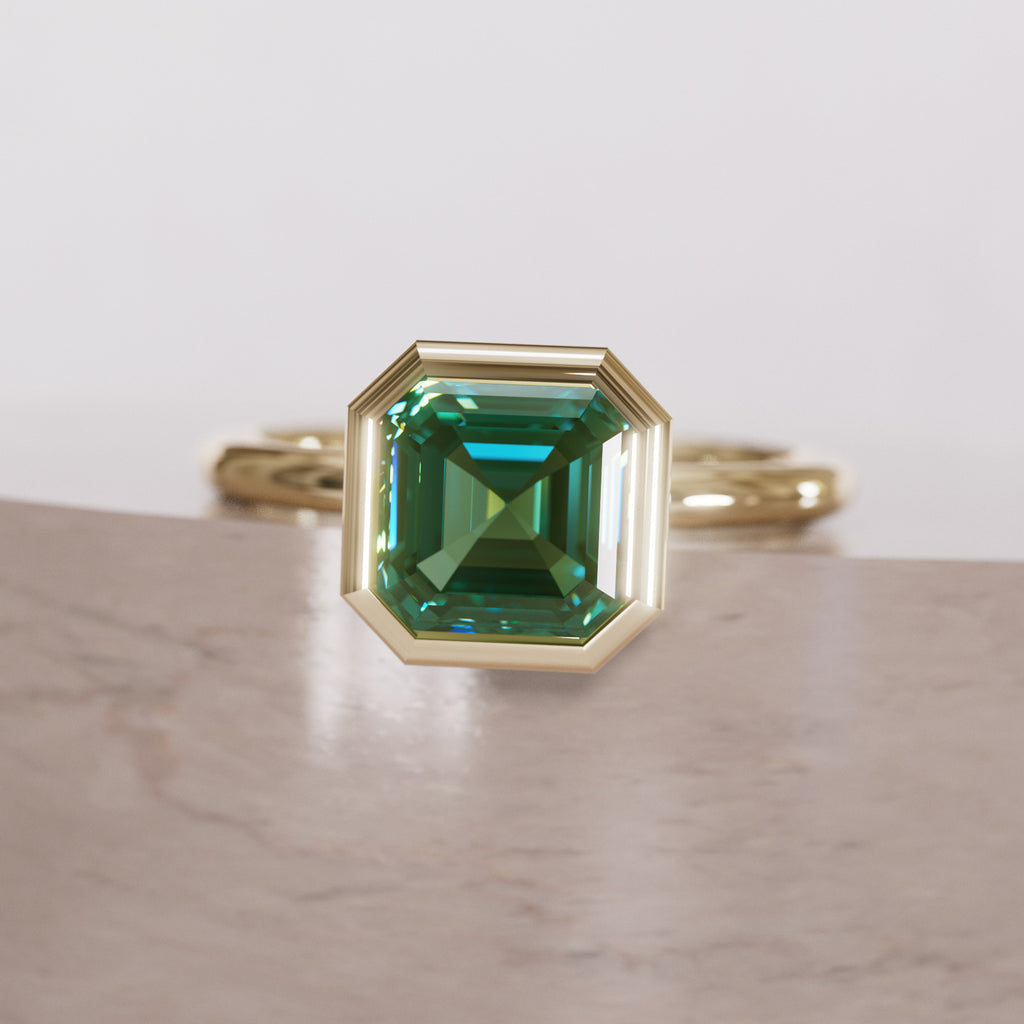 Unique Green Sapphire Engagement Ring, Asscher Cut Bezel Set By Valley Rose