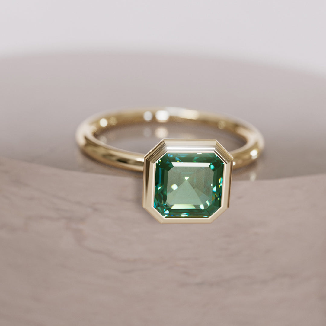 Unique Green Sapphire Engagement Ring, Asscher Cut Bezel Set By Valley Rose
