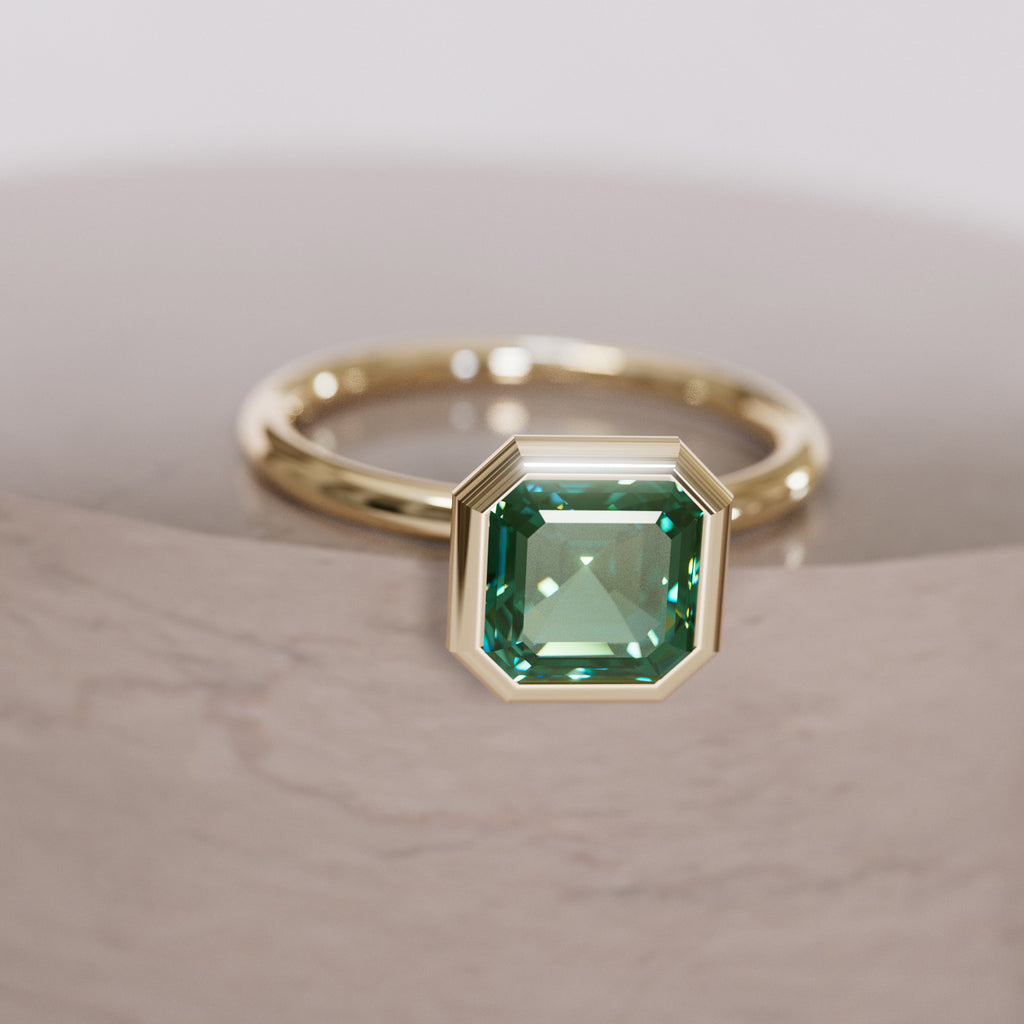 Unique Green Sapphire Engagement Ring, Asscher Cut Bezel Set By Valley Rose