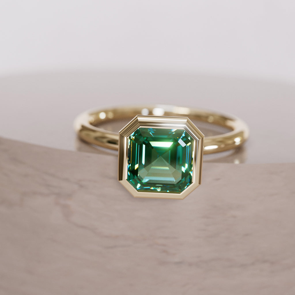Unique Green Sapphire Engagement Ring, Asscher Cut Bezel Set By Valley Rose