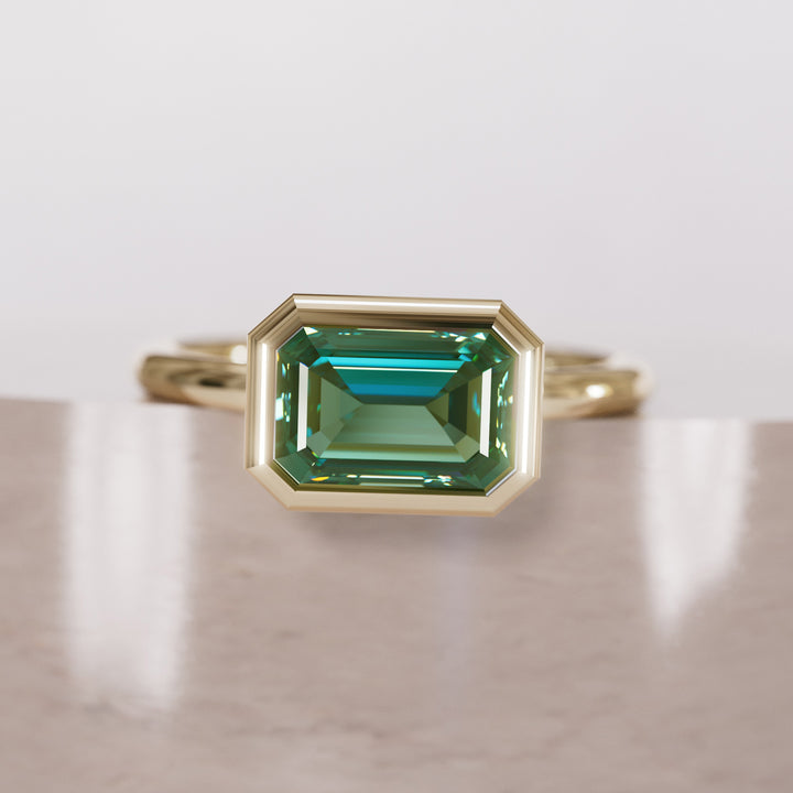 Unique Green Sapphire Engagement Ring, Horizontal Emerald Cut Bezel Set By Valley Rose