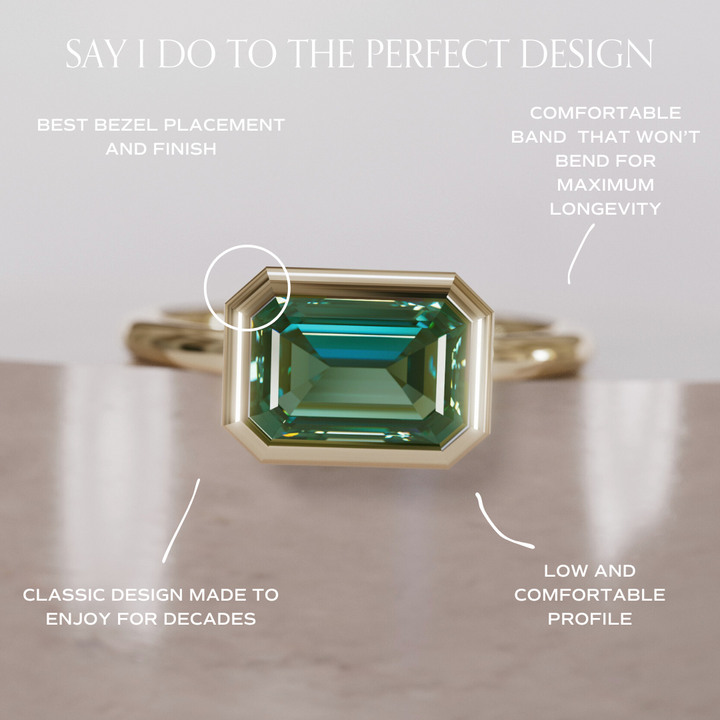 Unique Green Sapphire Engagement Ring, Horizontal Emerald Cut Bezel Set By Valley Rose