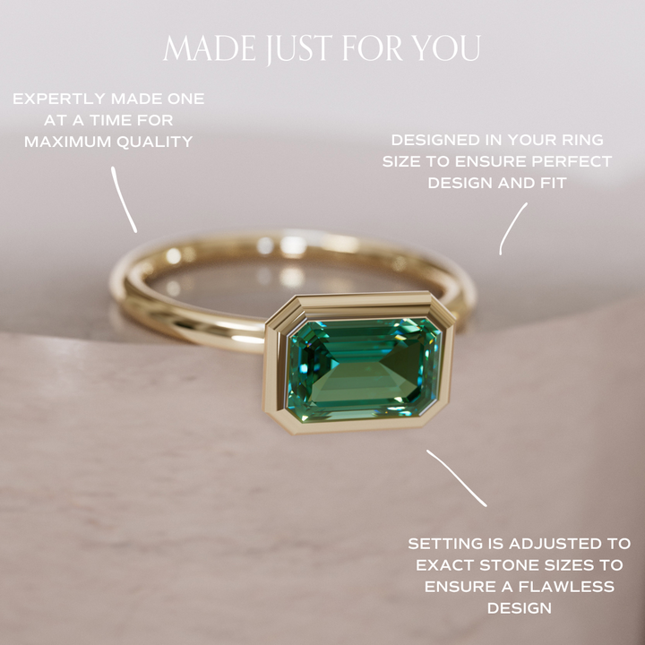 Unique Green Sapphire Engagement Ring, Horizontal Emerald Cut Bezel Set By Valley Rose