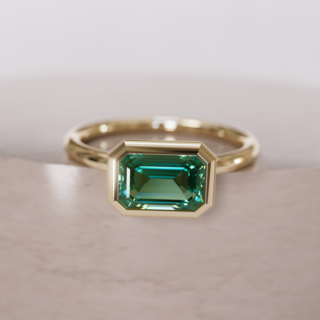 Unique Green Sapphire Engagement Ring, Horizontal Emerald Cut Bezel Set By Valley Rose