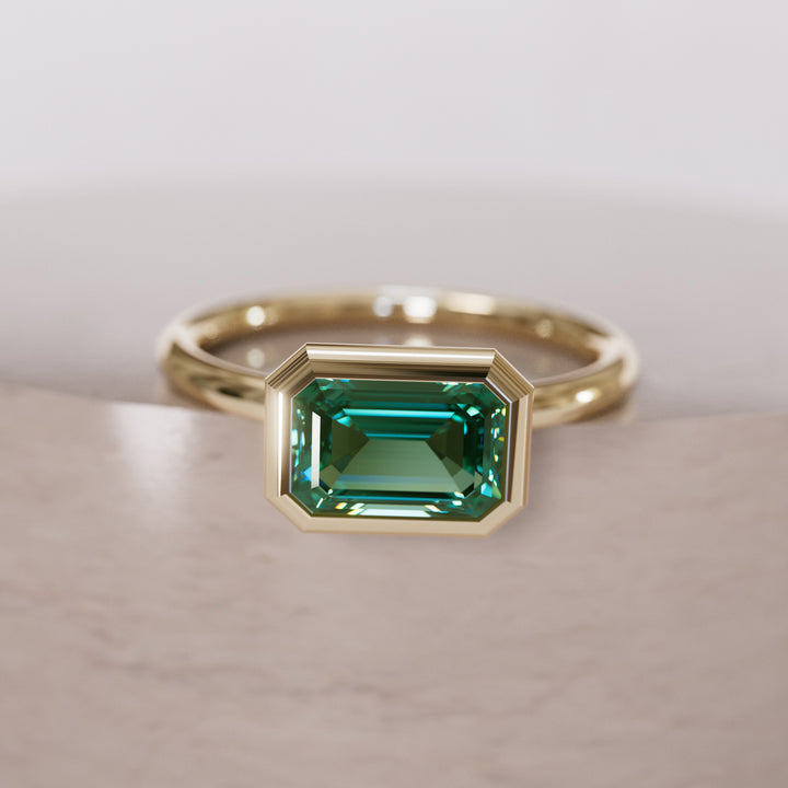 Unique Green Sapphire Engagement Ring, Horizontal Emerald Cut Bezel Set By Valley Rose