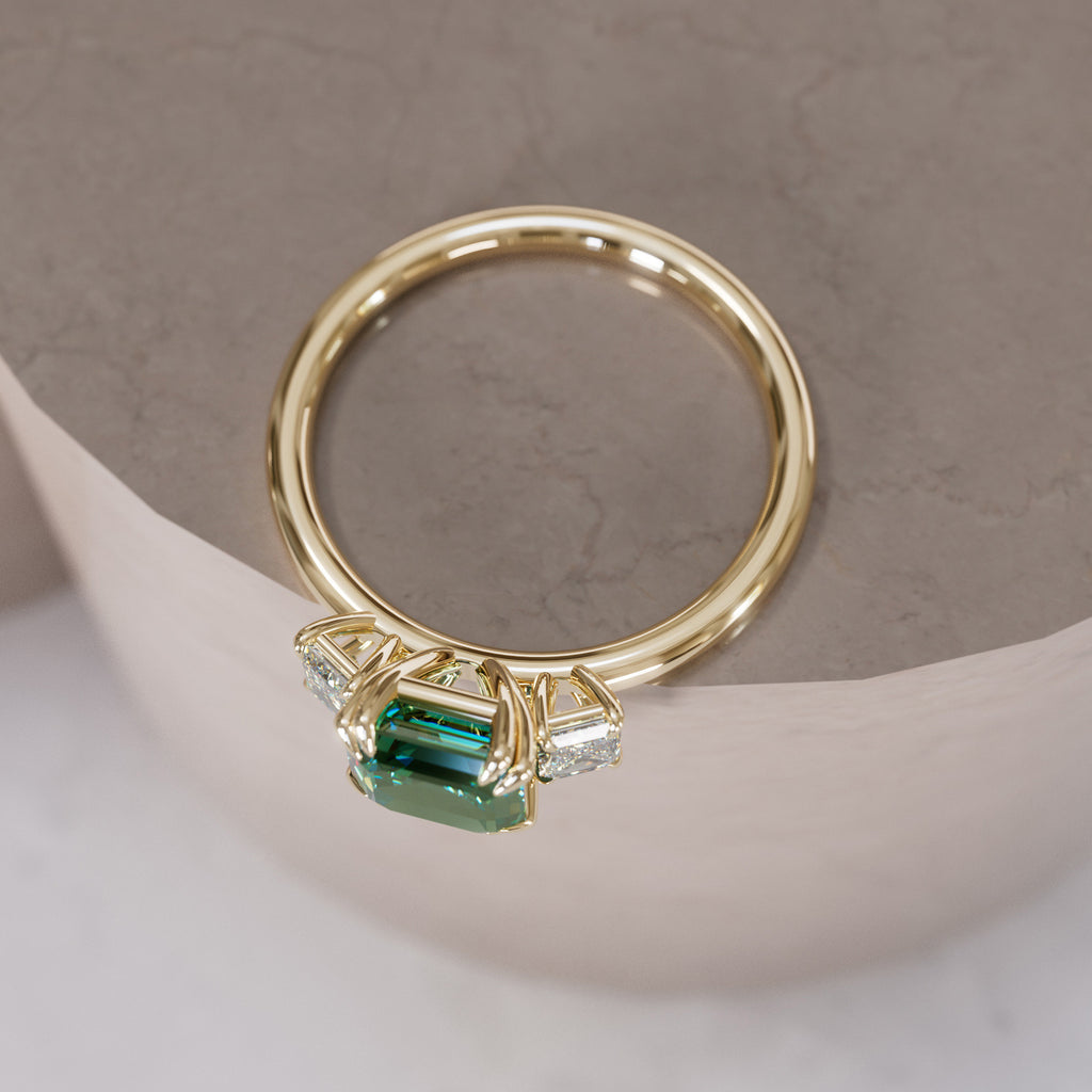 Unique Green Sapphire Engagement Ring Three Stone Asscher Cut By Valley Rose