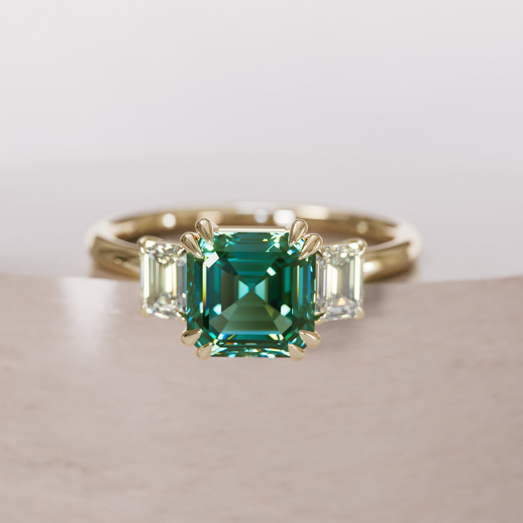 Unique Green Sapphire Engagement Ring Three Stone Asscher Cut By Valley Rose