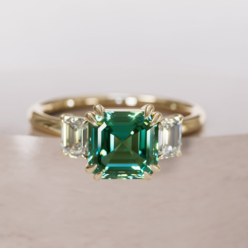 Unique Green Sapphire Engagement Ring Three Stone Asscher Cut By Valley Rose