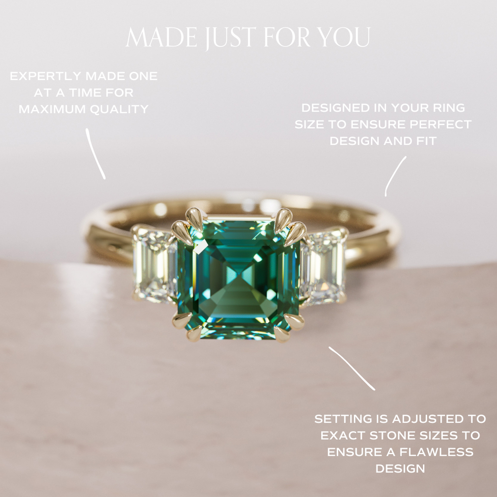 Unique Green Sapphire Engagement Ring Three Stone Asscher Cut By Valley Rose
