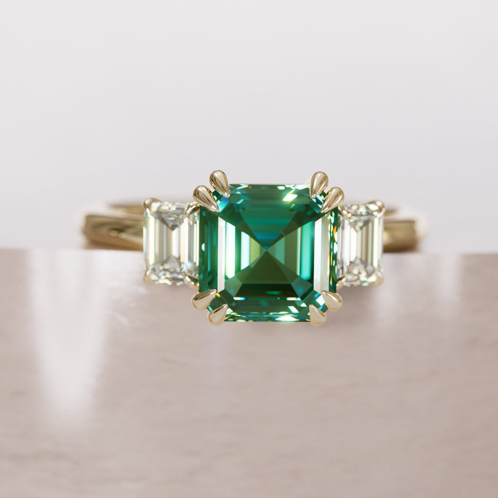 Unique Green Sapphire Engagement Ring Three Stone Asscher Cut By Valley Rose
