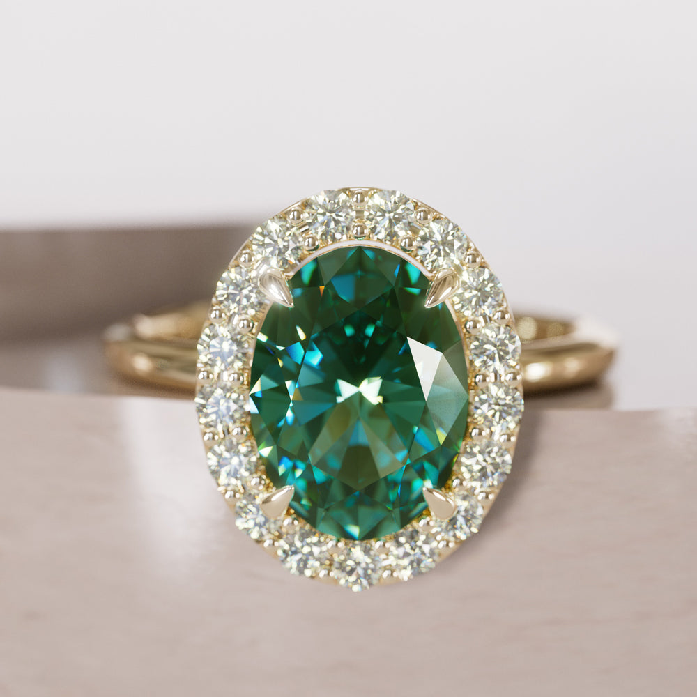 Unique Green Sapphire Engagement Ring with Diamond Halo By Valley Rose