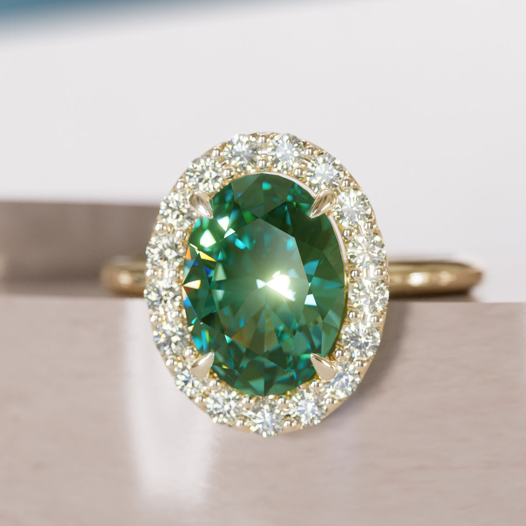 Unique Green Sapphire Engagement Ring with Diamond Halo By Valley Rose