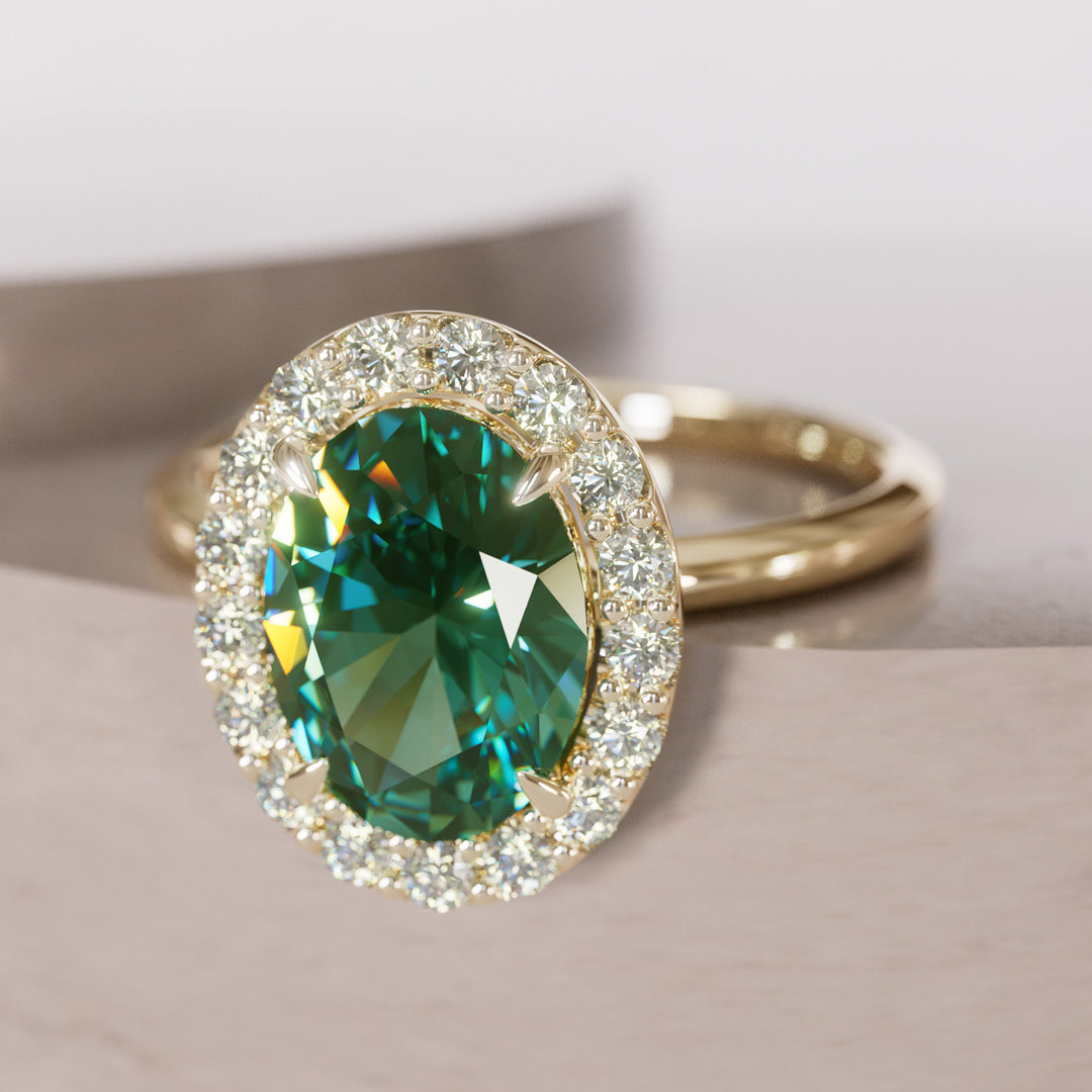Unique Green Sapphire Engagement Ring with Diamond Halo By Valley Rose