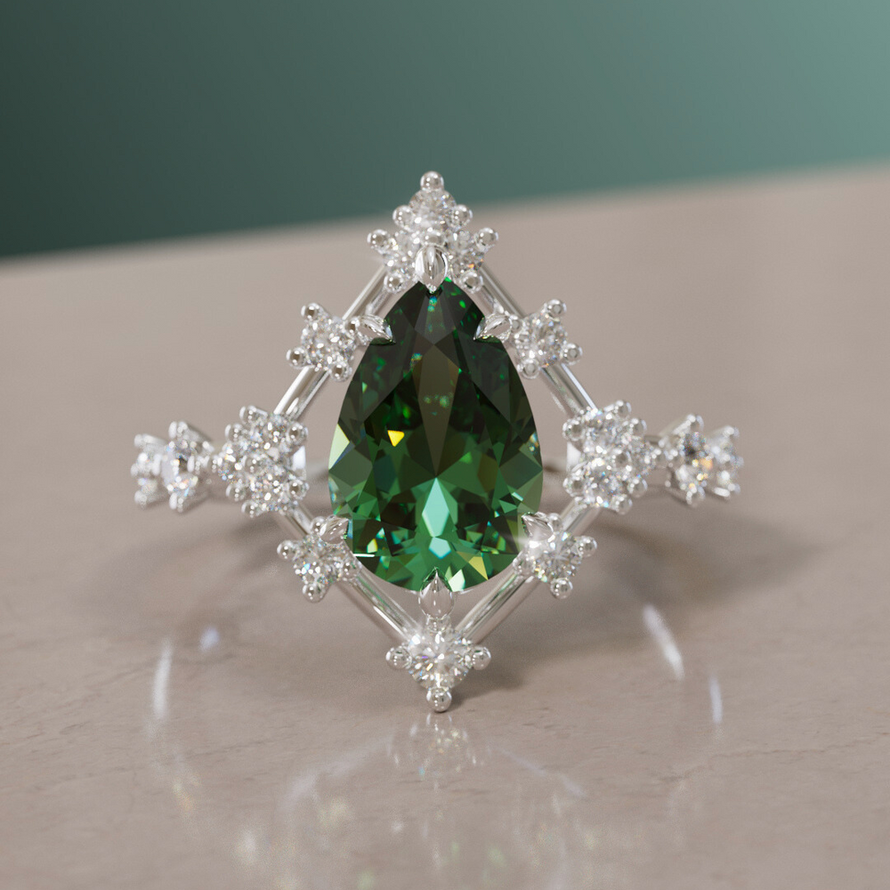 Unique Halo Engagement Ring with Pear Green Sapphire By Valley Rose