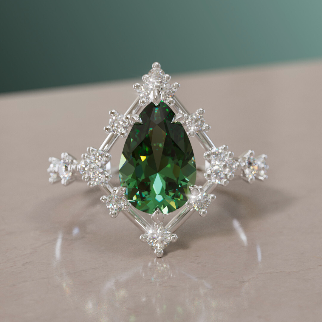 Unique Halo Engagement Ring with Pear Green Sapphire By Valley Rose