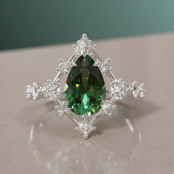 Unique Halo Engagement Ring with Pear Green Sapphire By Valley Rose
