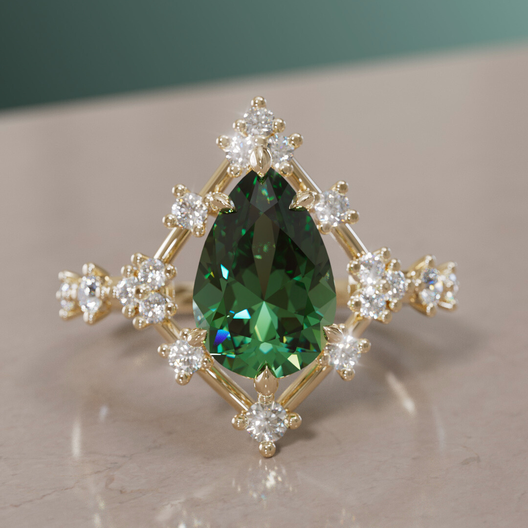 Unique Halo Engagement Ring with Pear Green Sapphire By Valley Rose