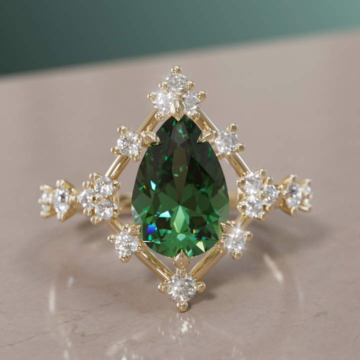 Unique Halo Engagement Ring with Pear Green Sapphire By Valley Rose