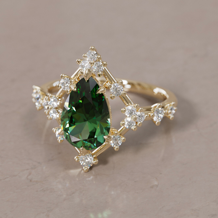 Unique Halo Engagement Ring with Pear Green Sapphire By Valley Rose