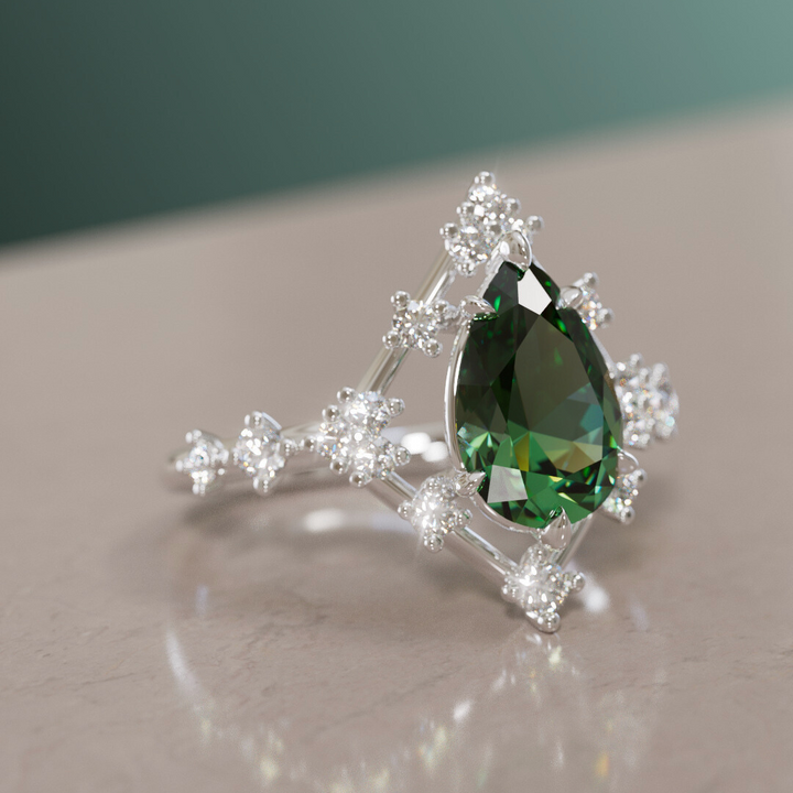 Unique Halo Engagement Ring with Pear Green Sapphire By Valley Rose