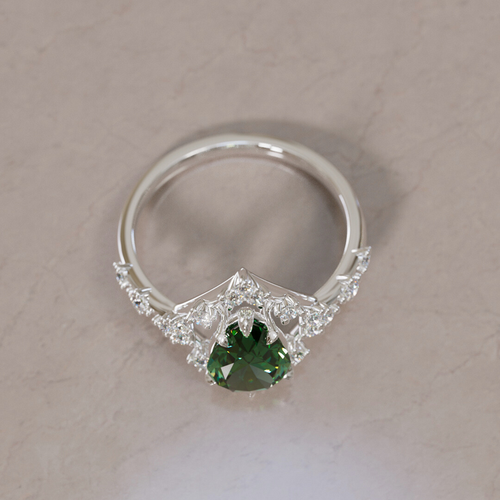Unique Halo Engagement Ring with Pear Green Sapphire By Valley Rose