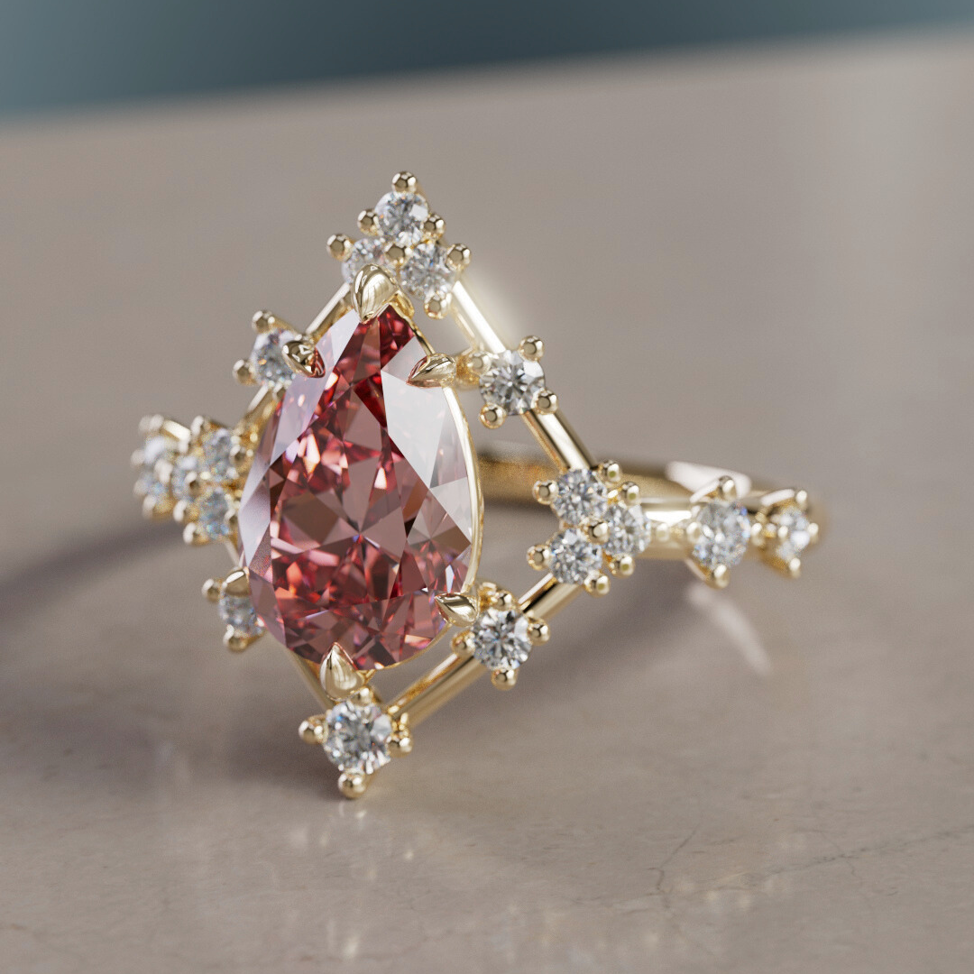 Unique Halo Engagement Ring with Pear Pink Diamond By Valley Rose