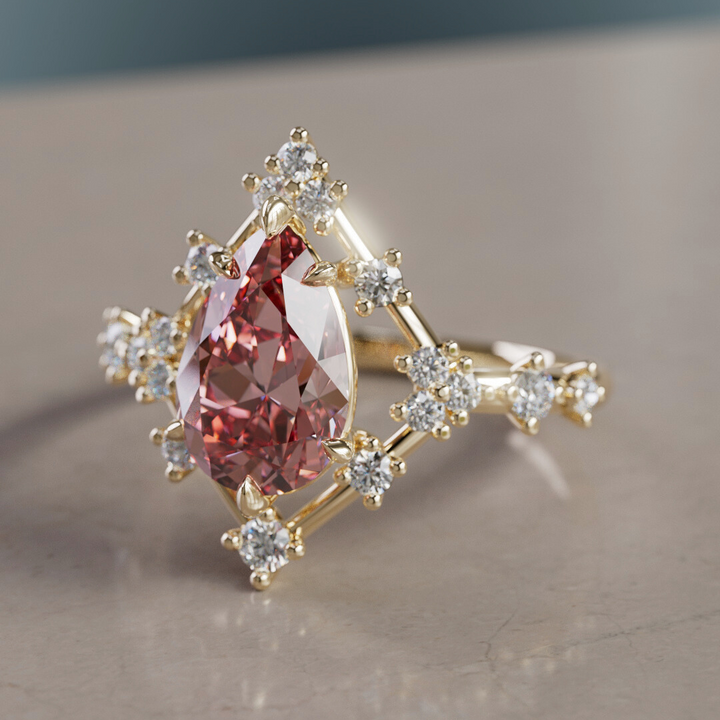 Unique Halo Engagement Ring with Pear Pink Diamond By Valley Rose