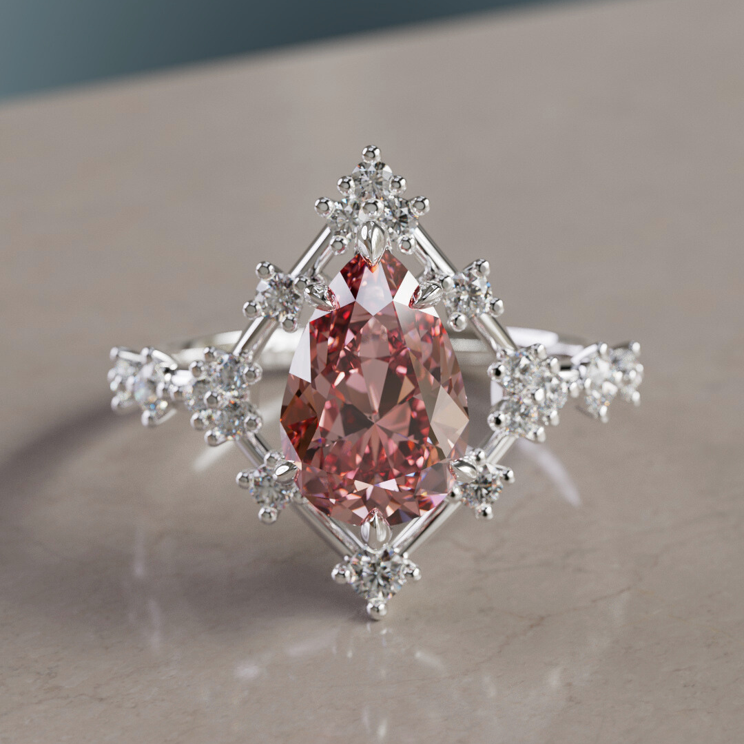 Unique Halo Engagement Ring with Pear Pink Diamond By Valley Rose
