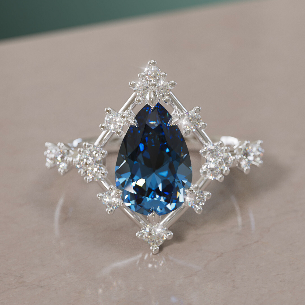 Unique Halo Engagement Ring with Pear Teal Sapphire By Valley Rose