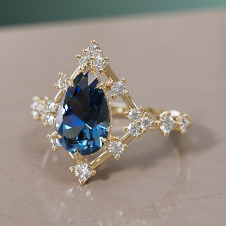 Unique Halo Engagement Ring with Pear Teal Sapphire By Valley Rose