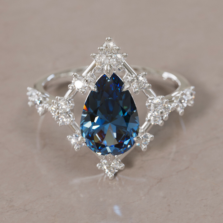 Unique Halo Engagement Ring with Pear Teal Sapphire By Valley Rose