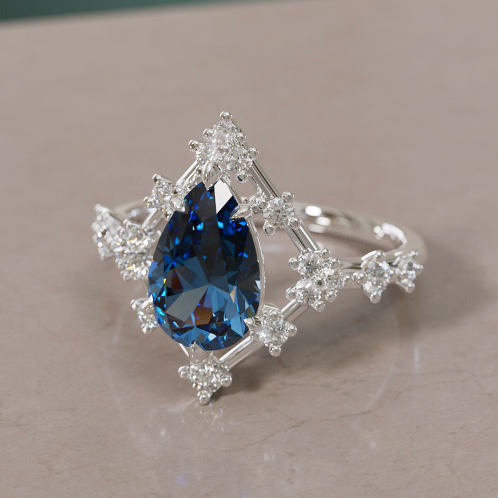 Unique Halo Engagement Ring with Pear Teal Sapphire By Valley Rose