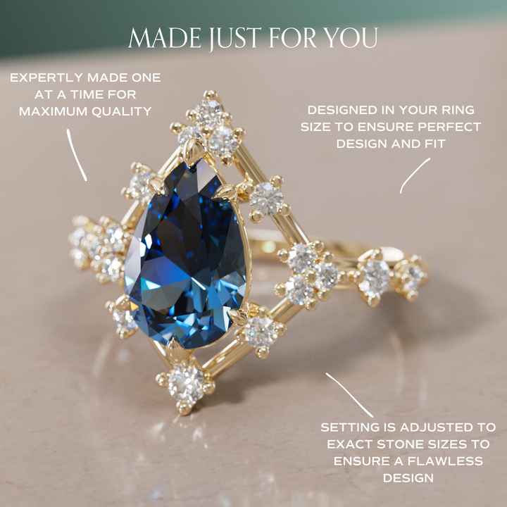 Unique Halo Engagement Ring with Pear Teal Sapphire By Valley Rose