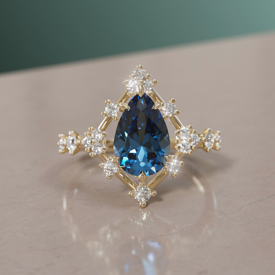 Unique Halo Engagement Ring with Pear Teal Sapphire By Valley Rose