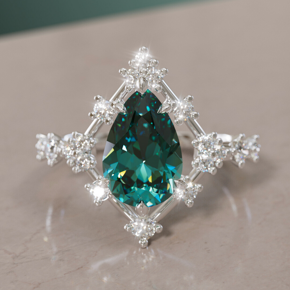 Unique Halo Engagement Ring with Pear Teal Sapphire By Valley Rose