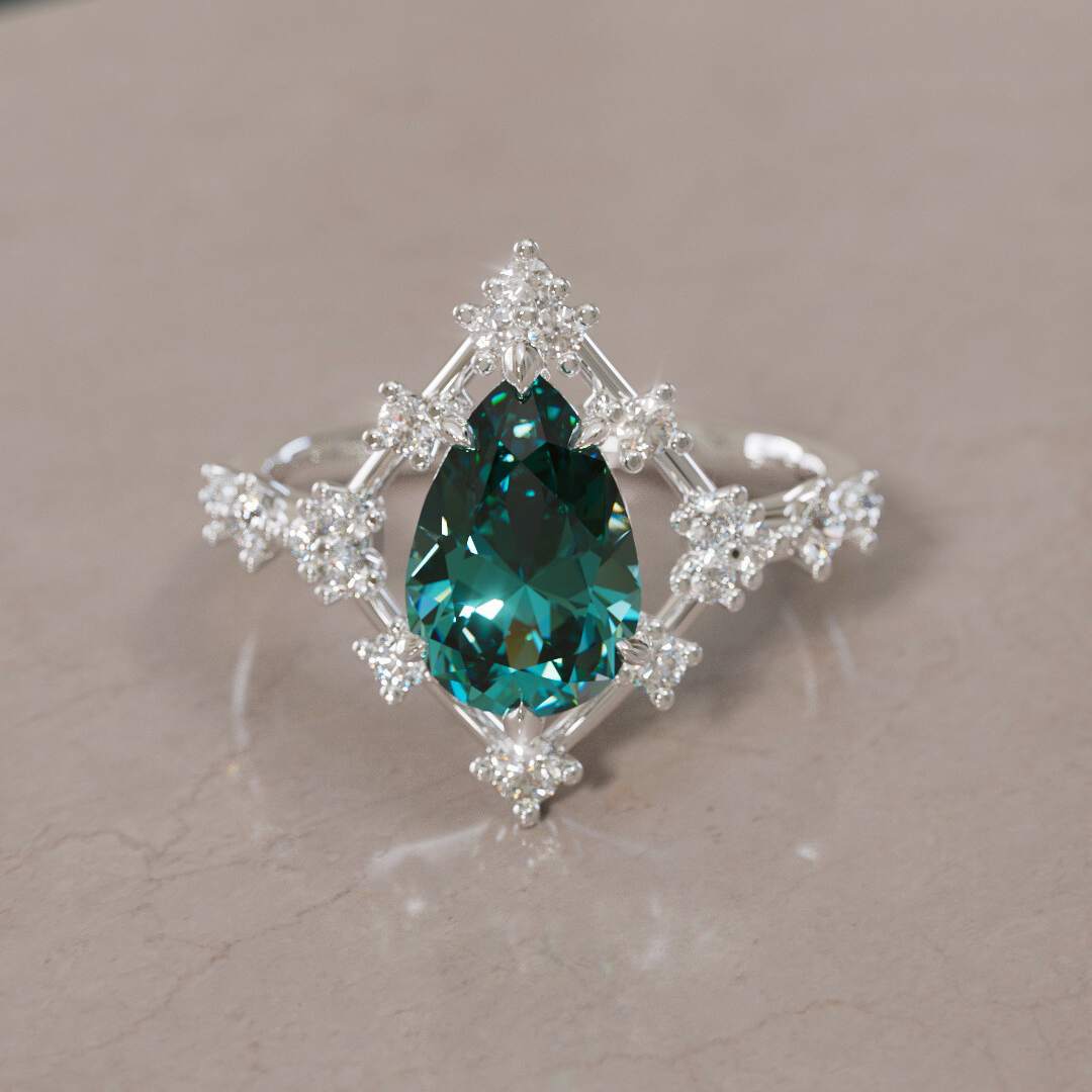 Unique Halo Engagement Ring with Pear Teal Sapphire By Valley Rose