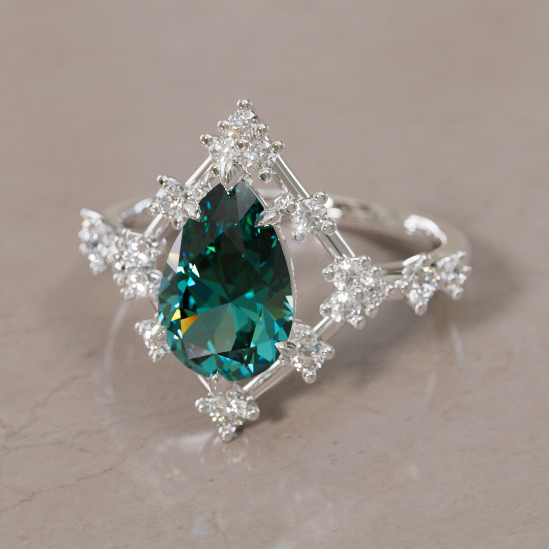 Unique Halo Engagement Ring with Pear Teal Sapphire By Valley Rose
