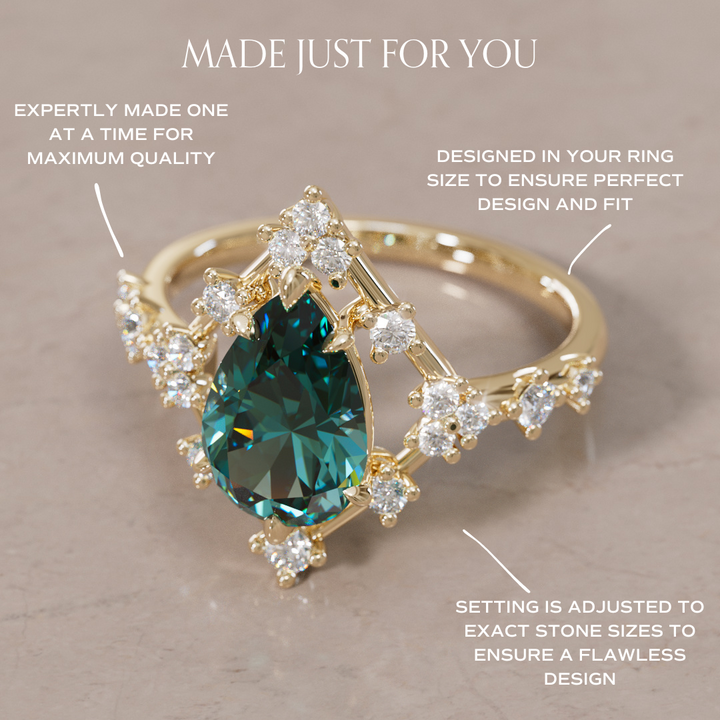 Unique Halo Engagement Ring with Pear Teal Sapphire By Valley Rose