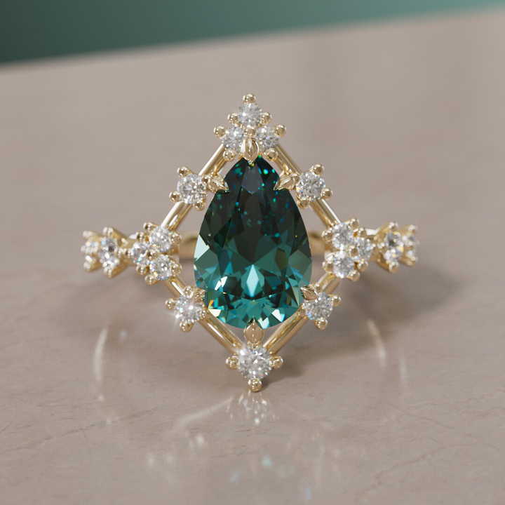 Unique Halo Engagement Ring with Pear Teal Sapphire By Valley Rose