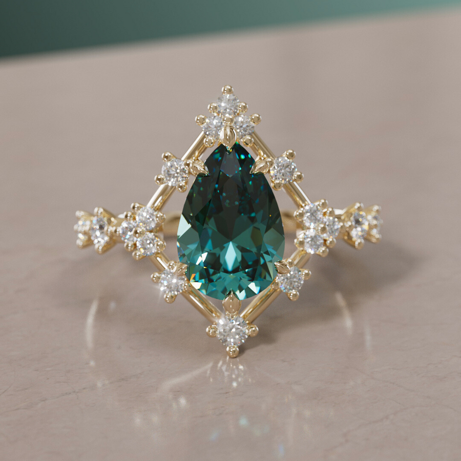 Unique Halo Engagement Ring with Pear Teal Sapphire By Valley Rose