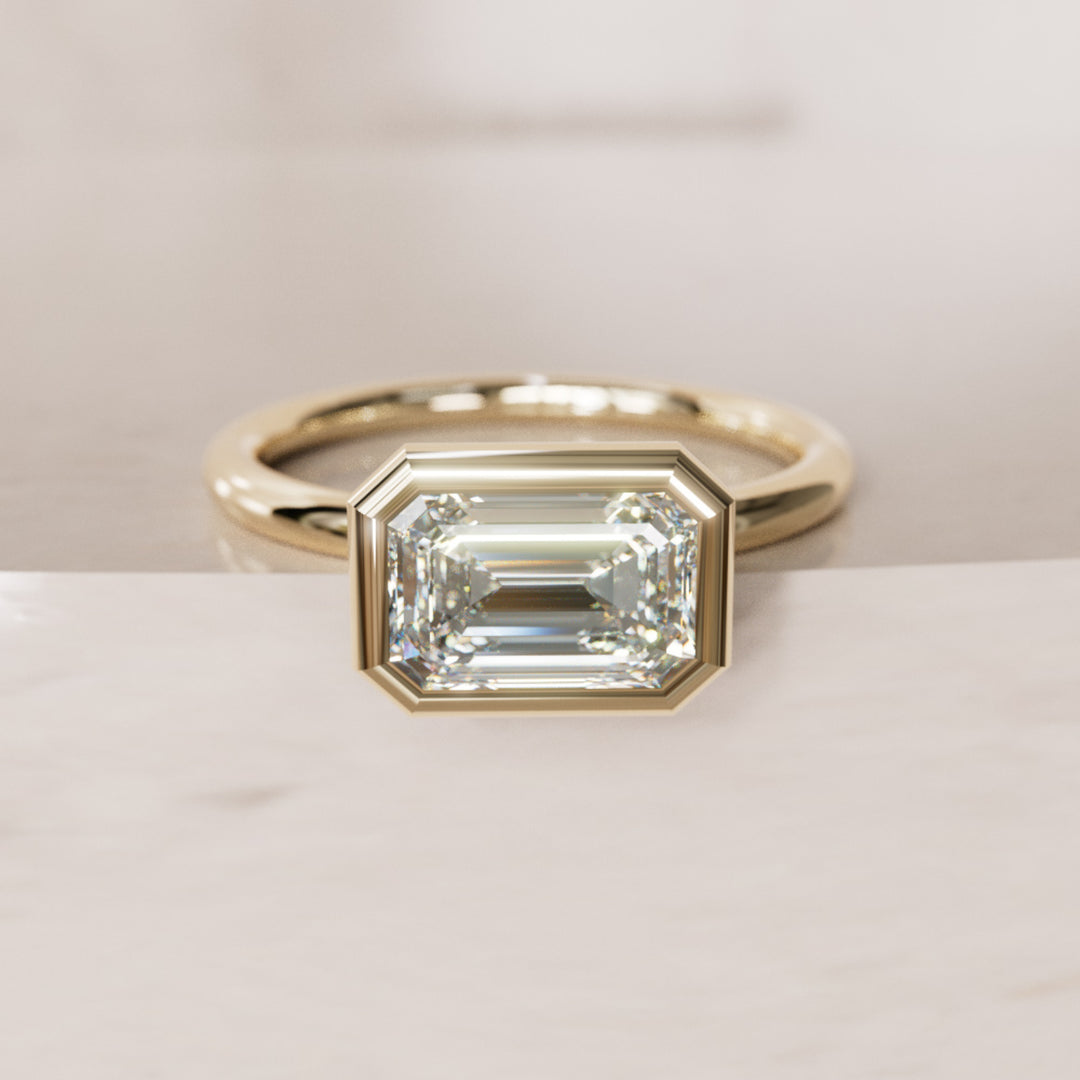 Unique Horizontal Emerald Cut Lab Created Diamond Engagement Ring with Bezel Setting By Valley Rose