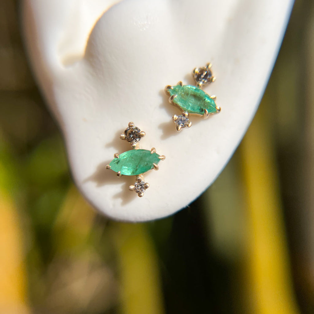 Unique Marquise Emerald Champagne Diamond 14k Gold Stud Earrings By Valley Rose