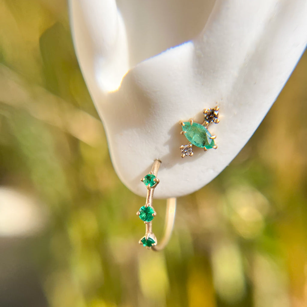 Unique Marquise Emerald Champagne Diamond 14k Gold Stud Earrings By Valley Rose