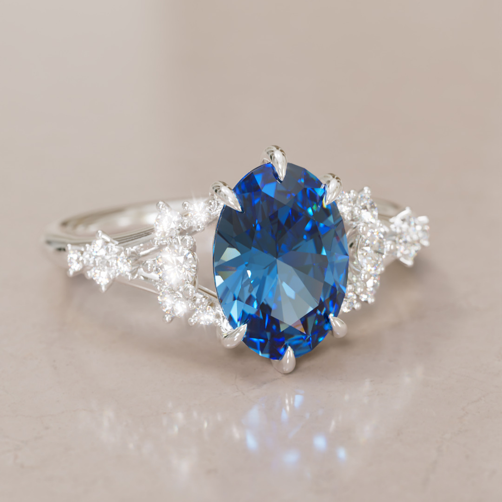 Unique Nature Oval Blue Sapphire Engagement Ring Lab Diamonds By Valley Rose