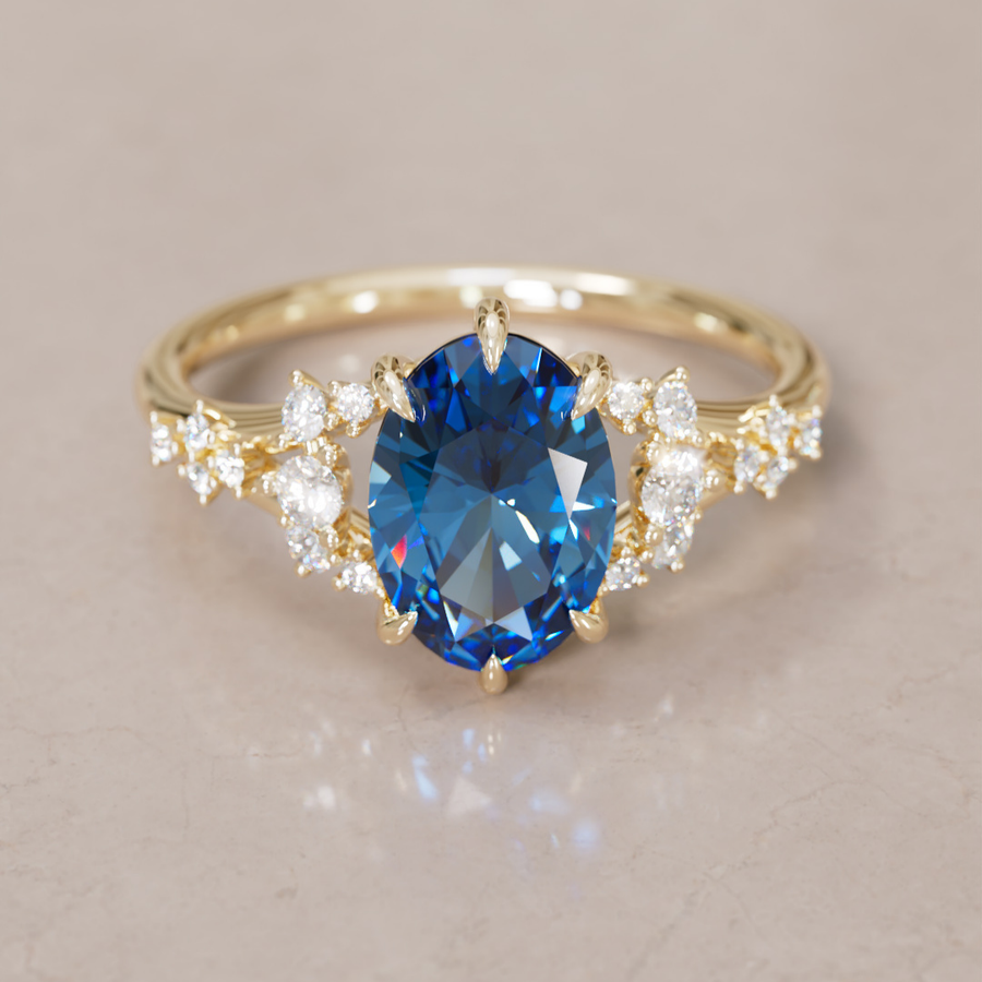 Unique Nature Oval Blue Sapphire Engagement Ring Lab Diamonds By Valley Rose