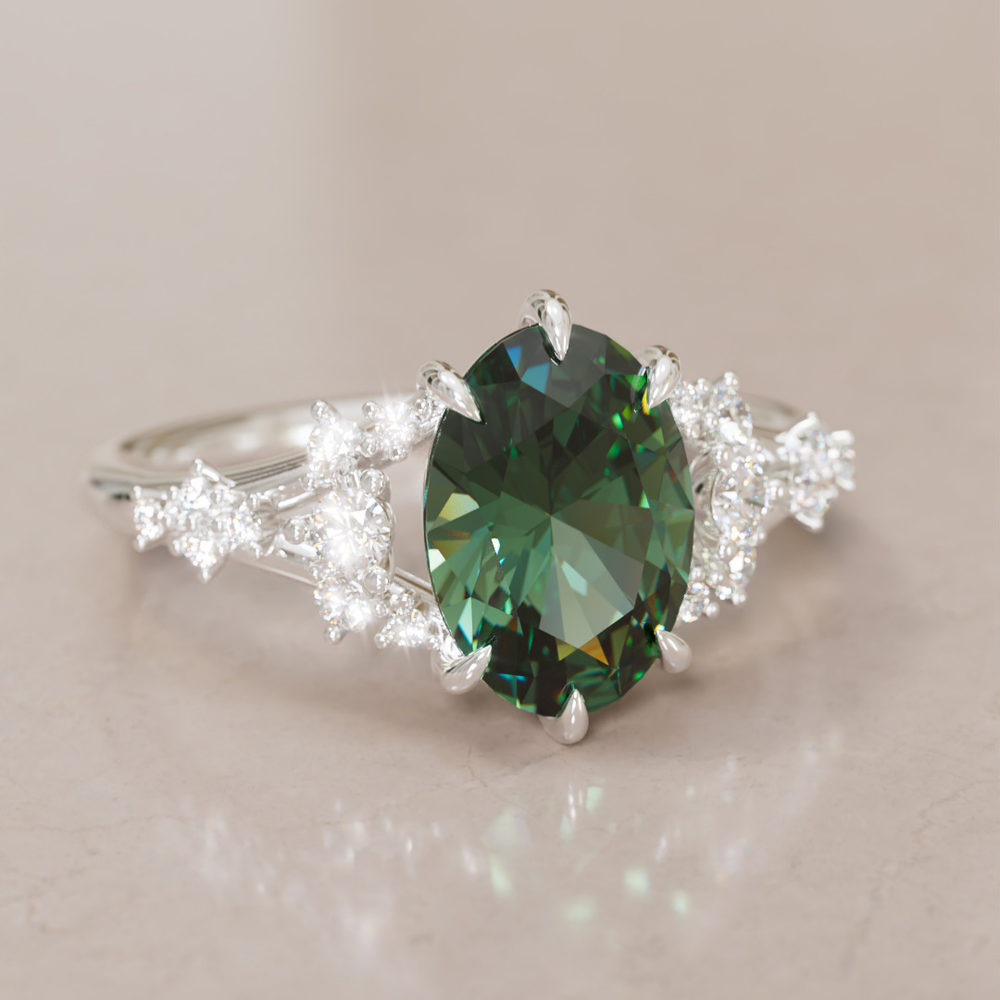 Unique Nature Oval Green Sapphire Engagement Ring Lab Diamonds By Valley Rose