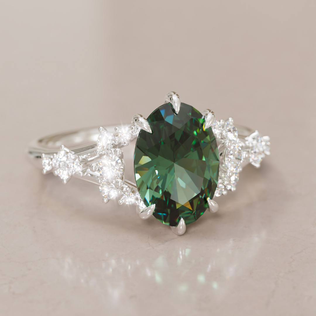 Unique Nature Oval Green Sapphire Engagement Ring Lab Diamonds By Valley Rose