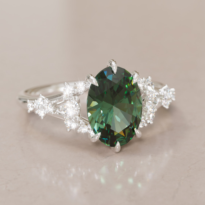 Unique Nature Oval Green Sapphire Engagement Ring Lab Diamonds By Valley Rose